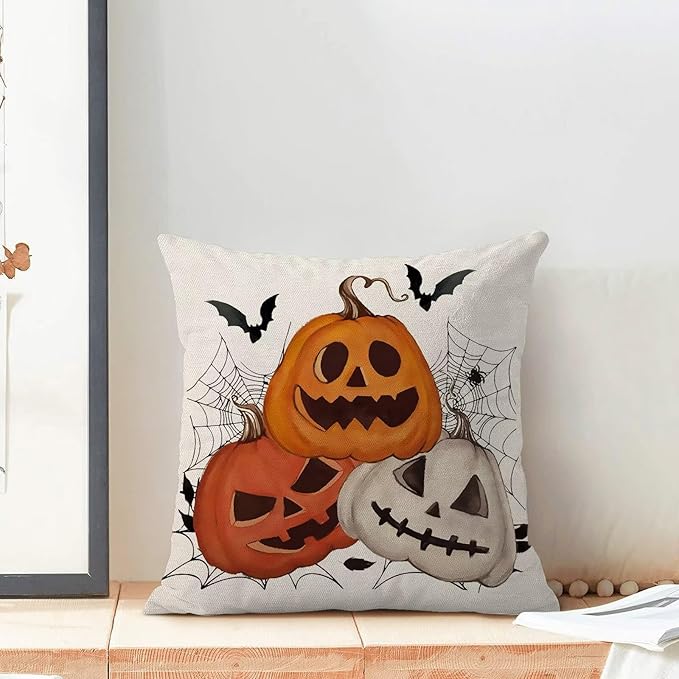 BETGINY Halloween Pillow Covers 18 x 18 Inch Pack of 2, White Pumpkin Bat Spider Web Decorative Throw Pillow Covers Vintage Linen Farmhouse Outdoor Halloween Pillowcase for Bedroom Home Sofa Decor