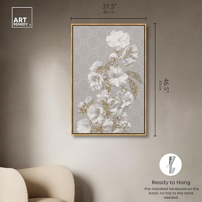 Art Remedy Floral in Classic Fashion Canvas Delicate Farmhouse Wall Art, Gold Frame, 30" x 45"