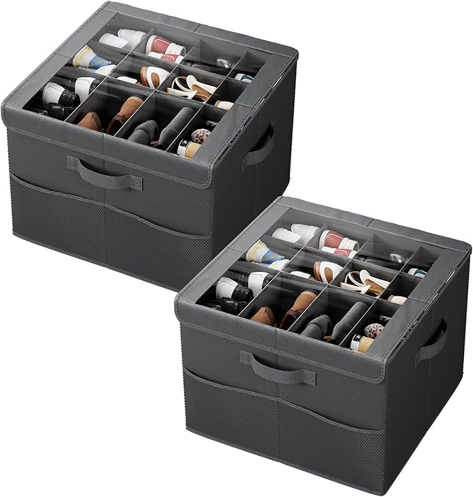 PHINOX Shoe Organizer for Closet, Fits 12-24 Pairs, Shoe Storage Bins with Clear Cover and Reinforced Handles, Foldable Shoe Storage Organizer, Space Saving Shoe Holder for Wardrobe, 2 Pack Black