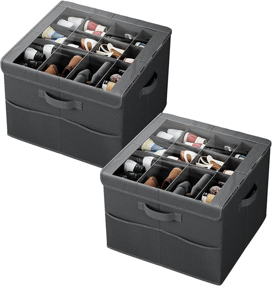 PHINOX Shoe Organizer for Closet, Fits 12-24 Pairs, Shoe Storage Bins with Clear Cover and Reinforced Handles, Foldable Shoe Storage Organizer, Space Saving Shoe Holder for Wardrobe, 2 Pack Black