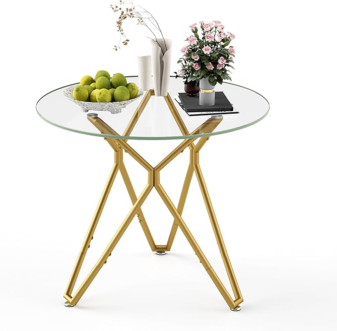 KEIKI 35.4-inch Round Tempered Glass Dining Table, Suitable for 1-4 People, Space-Saving Small Kitchen Dining Table, Equipped with Sturdy Metal Table Legs, Suitable for Dining Room, Living Room, Gold