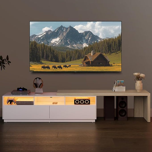 VASAGLE TV Stand with Power Outlet, Adjustable Length 63.8-106 Inches, Modular L-Shaped TV Console Table, LED Light, Fits Large Screen TV, for Living Room, Cloud White and Natural Beige ULTV126W01