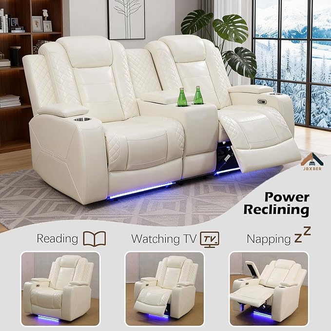 Power Reclining Sofa Set for Living Room, Leather Recliner Loveseat and Chair with Cup Holders, Storage Console for House/Home Teather(Loveseat and Chair, Cream)