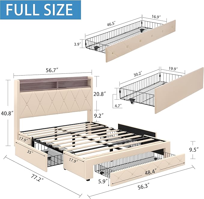 VECELO Velvet Full Size Upholstered Bed Frame with Headboard, Sturdy Platform Full Bed Frame with 3 Capacious Drawers, LED Light, Charging Station, USB Ports, Quiet, Easy Assembly, Beige