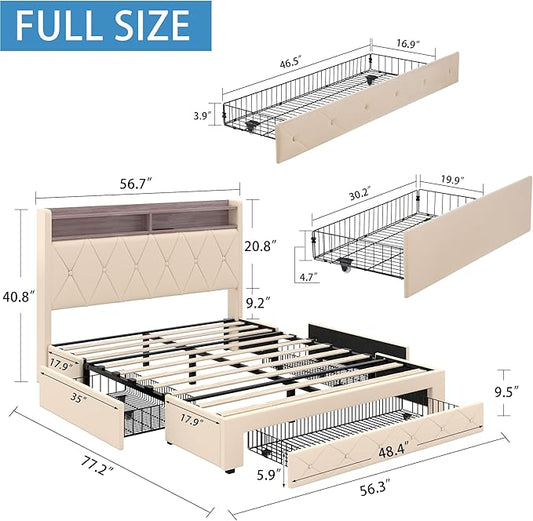 VECELO Velvet Full Size Upholstered Bed Frame with Headboard, Sturdy Platform Full Bed Frame with 3 Capacious Drawers, LED Light, Charging Station, USB Ports, Quiet, Easy Assembly, Beige