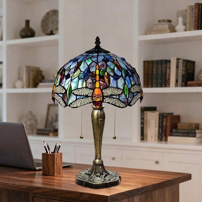 Tiffany Table Lamp, 12 Inch Dragonfly Stained Glass Lamp,Tiffany Style Lamp for Bedroom Living Room Home, Handcrafted Light, Included Bulb