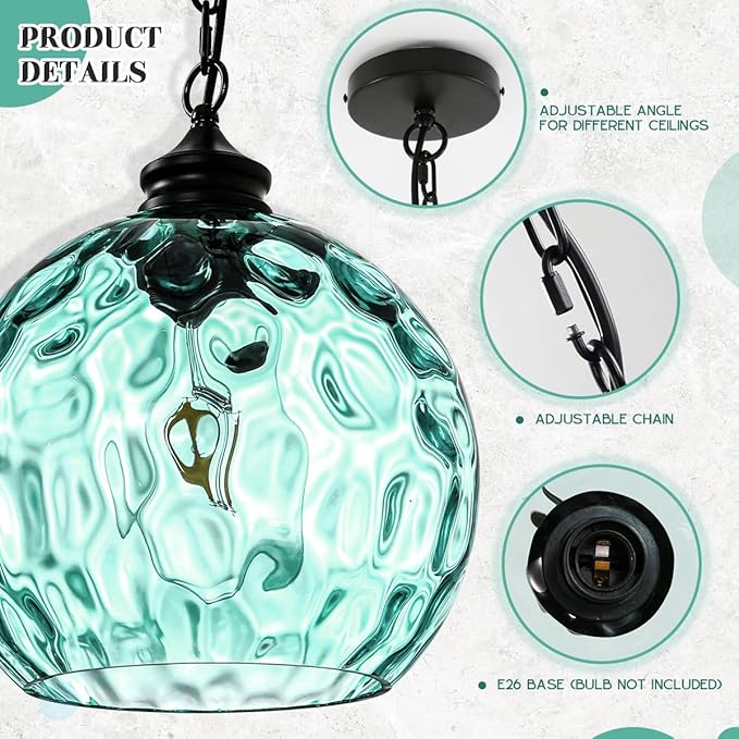 Large Glass Pendant Light for Kitchen Island, Vintage Pendant lamp with Green Glass Shade 1-Light Black Pendant Light Globe Hanging Pendant Lighting for Farmhouse Dining Room Bedroom