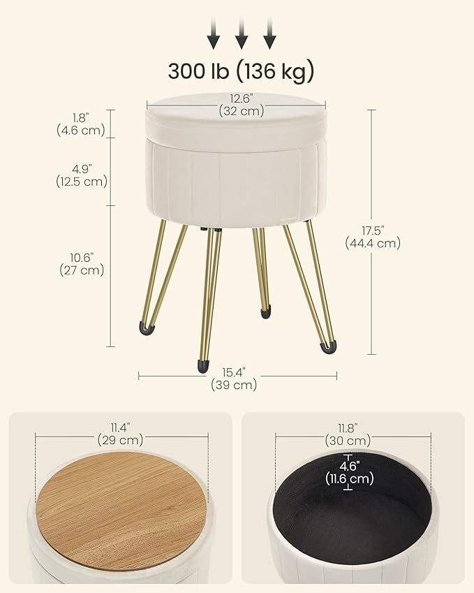 SONGMICS Vanity Stool Chair, Small Ottoman with Storage, Velvet Makeup Stool, 15.4 Dia. x 17.4 H Inches, 4 Metal Legs, for Makeup Room, Living Room, Bedroom, Cream White ULOM003W01