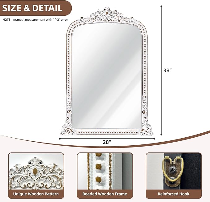 Wooden Vintage Wall Mirror: 28x38 Inch Baroque Antique Mirror - Ornate Decorative Arched Mirrors for Fireplace, Entryway, Bedroom, Bathroom - Home Decor for Living Room