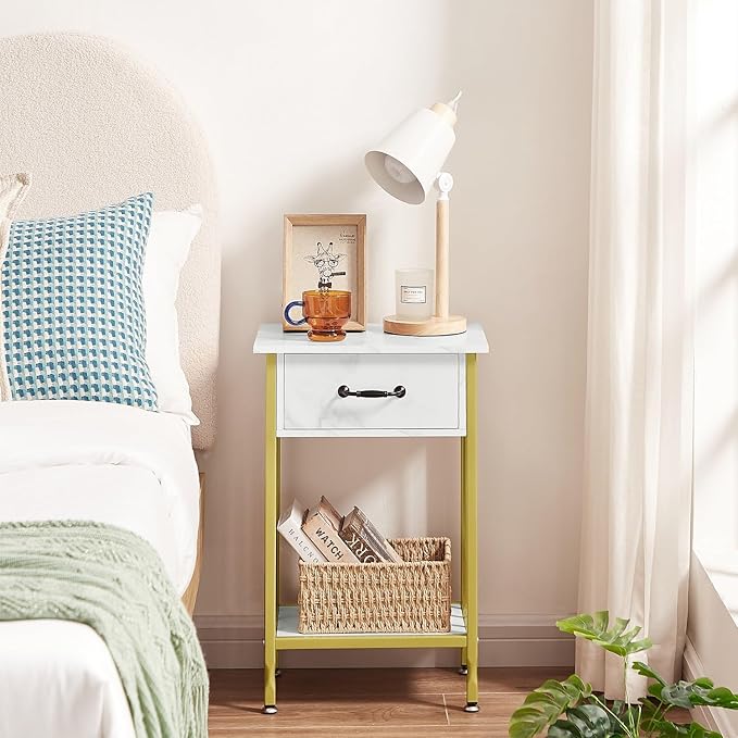 VECELO Nightstands, Industrial Side Table/End Tables with Drawer and Storage Shelf, Night Stands for Bedroom, Living Room, Wood Metal Furniture, Easy Assembly,Gold,l Set