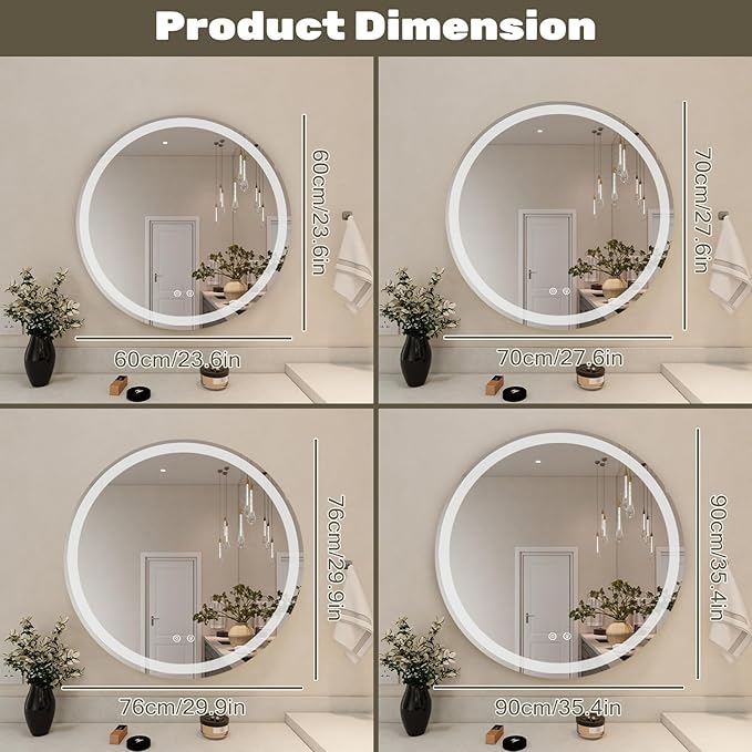 Simple Deluxe Round LED Bathroom Mirror with Lights, Smart Anti-Fog LED Bathroom Mirror with Circular Dual Lights and 3-Color Temperature Memory dimming (30inch)