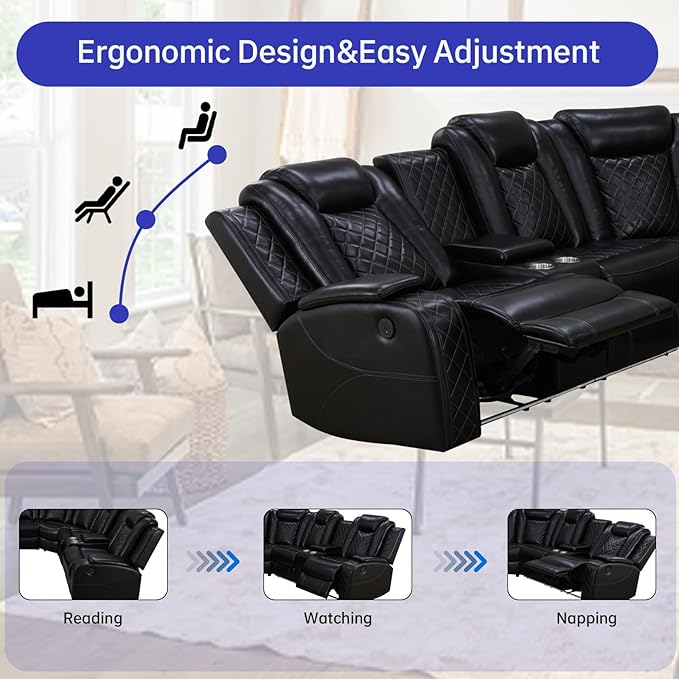 Power Reclining Leather Sectional Couch with Home Theater Seating, Air Leather Recliner Sofa with LED Lighting, Cup Holders and Storage, Modern Reclining Couch for Living Room/Bedroom, Black