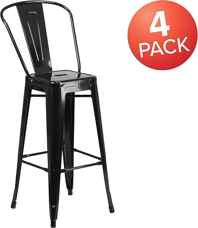 Flash Furniture Lily Commercial Grade 4 Pack 30" High Black Metal Indoor-Outdoor Barstool with Removable Back