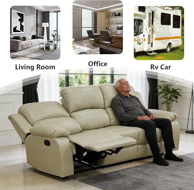 Beige Recliner Sofa Set 3PCS Manual Reclining Sofa Living Room Furniture Sets Contempary Bonded Leather Reclining Couch Set with Cup Holder/Storage Console for Home/Office (Beige, 3PCS Set)