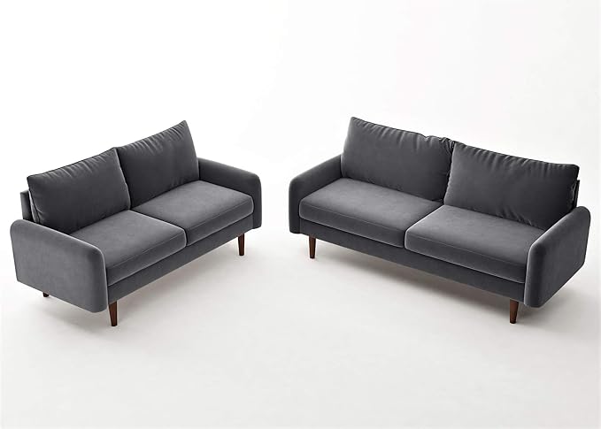 Container Furniture Direct Americus Velvet Upholstered Sofa and Loveseat Set, Couches for Living Room with Luxurious Mid Century Modern Design and Wooden Base, 2 Piece, Grey