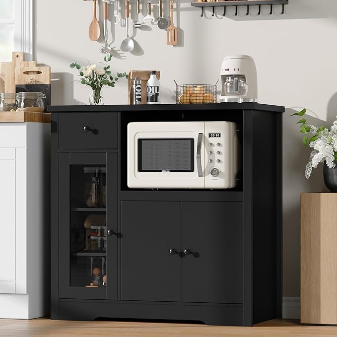 GarveeHome Kitchen Microwave Cabinet with Storage and Drawers, Modern Small Buffet Cabinet with Glass Doors and Adjustable Shelf, Wooden Sideboard with Wide Top for Dining Room, Living Room, Black