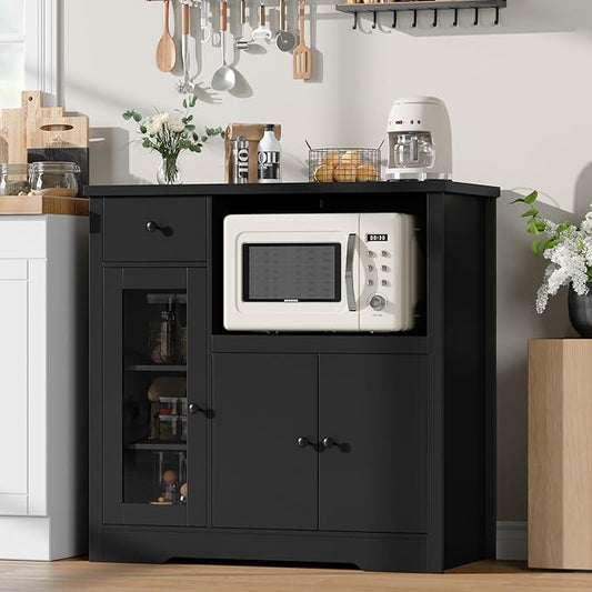 GarveeHome Kitchen Microwave Cabinet with Storage and Drawers, Modern Small Buffet Cabinet with Glass Doors and Adjustable Shelf, Wooden Sideboard with Wide Top for Dining Room, Living Room, Black