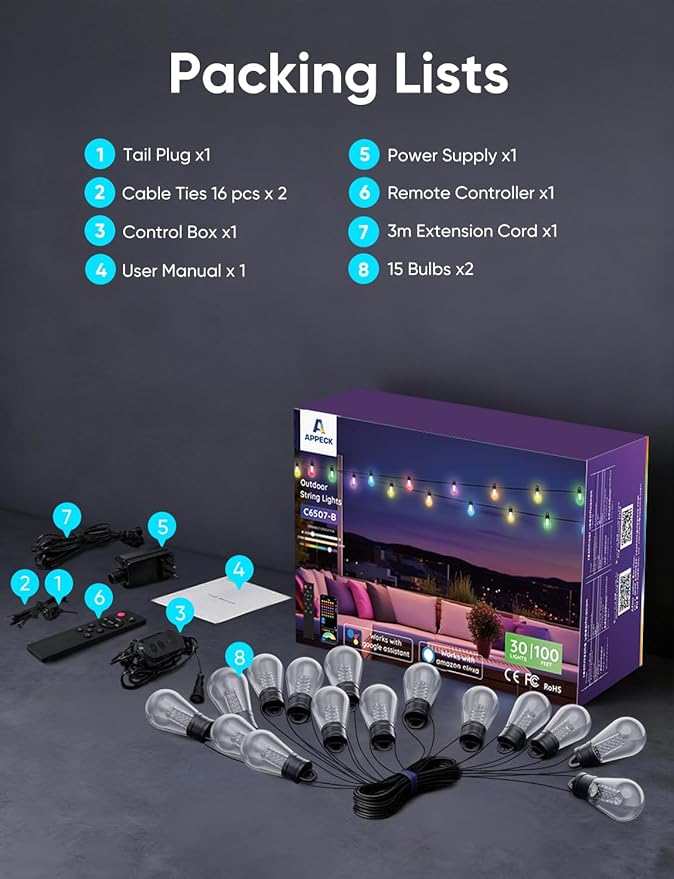 APPECK Outdoor String Lights, 100ft RGBW Smart Outdoor Patio Lights with 30 LED Bulbs, Extendable, 111 Scene Modes, IP65 Waterproof Lighting for Outside, Dimmable Warm White, Compatible with Alexa