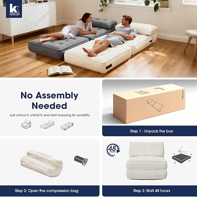 KINGYES Folding Sofa Bed, Corduroy Convertible Sleeper Chair with Pillow, Foldable Single Futon Chair for Living Room, Beige