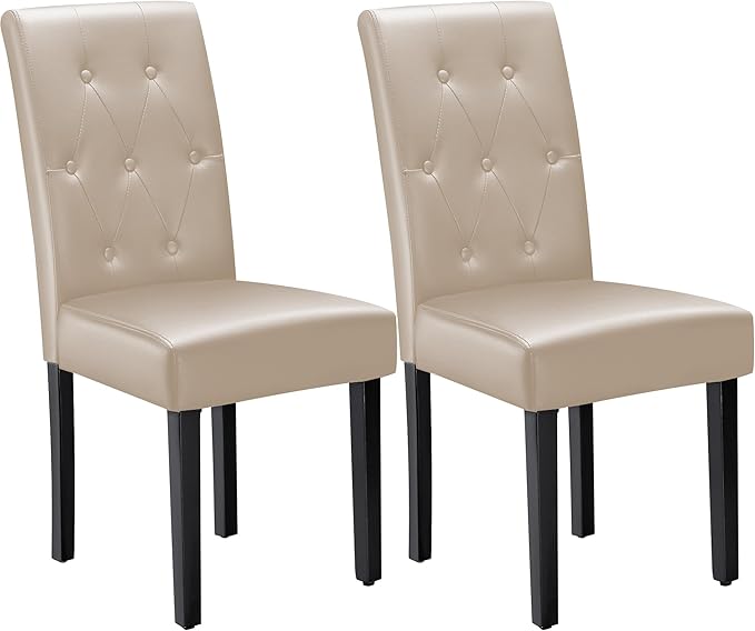 Furmax Ergonomic Dining Chairs Set of 2, PU Leather Dinning Room Chairs, Button Tufted Kitchen Chairs with Adjustable Wood Legs for Kitchen Living Room (Leather Beige, 2)