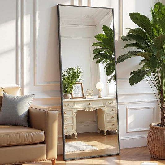 OLIXIS Full Length Mirror 59"x16" for Bedroom, Full Body Mirror with Stand, Hanging or Leaning for Wall, Aluminum Alloy Thin Frame Floor Standing for Living Room, Long, Black