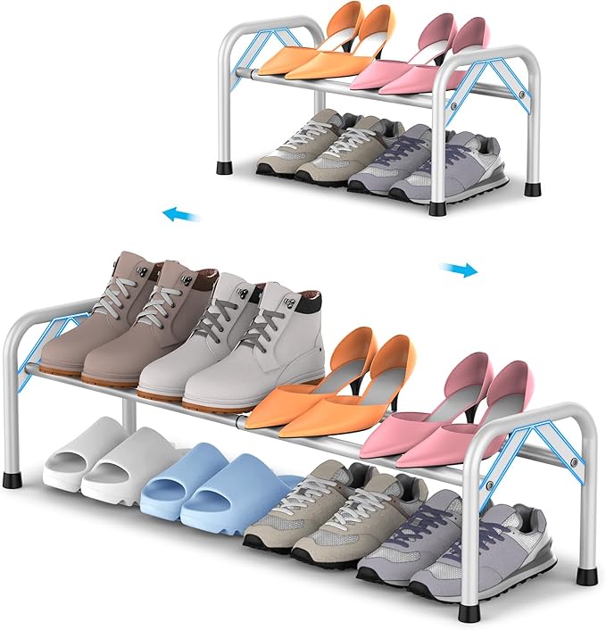 1-Tier Expandable Shoe Rack for Closet Floor, Λ-Frame Metal Small Shoe Rack for Entryway, Adjustable Shoe Shelf Organizer, Free Standing Shoe Racks for Front Door Entrance, Garage - White