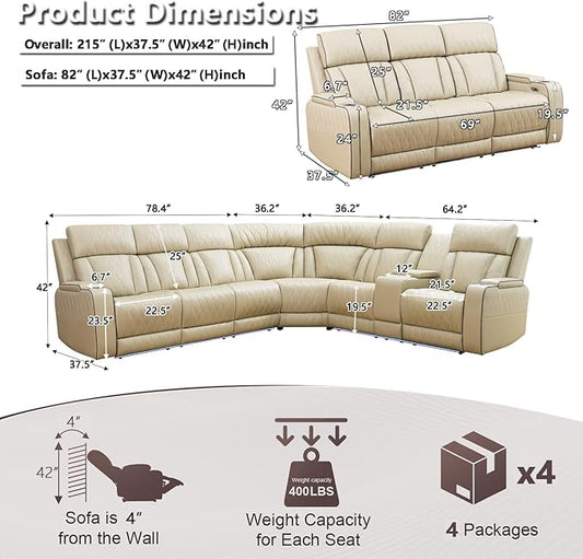 Power Recliner Sectional Sofa Set with LED, Luxury Breathing Leather Reclining Corner Couch Set, 9 Seat L-Shaped Sofa Couch Set with 3 Seats Sofa, Cup Holders/Storage for Living Room