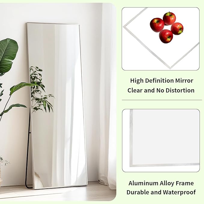 Standing Mirror Full Length, Floor Length Mirror with Aluminum Metal Frame, Body Mirrors for Bedroom, Living Room, Entryway, Bathroom. (56x18 inch, Silver)