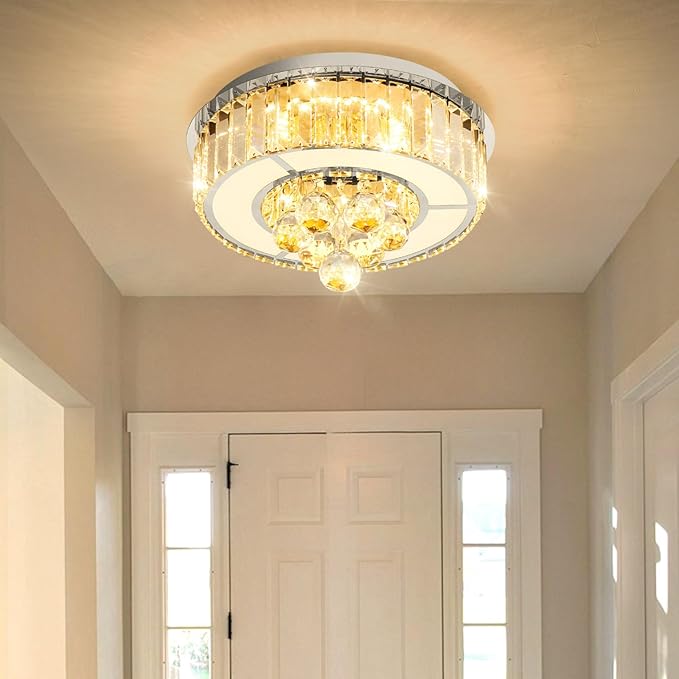 11.8'' Silver Modern Crystal Chandeliers for Dining Room LED Dimmable Light Fixtures Flush Mount Light Living Room Bedrooms