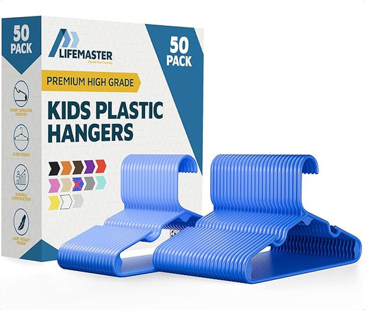 Lifemaster Plastic Kids Clothes Hangers – Children Clothes Hanger with Shoulder Notch, 11.6 Inch Space-Saving Closet Organizer for Baby, Toddler, and Kids Clothing, Hold Up to 5 lbs, Pack of 50, Blue