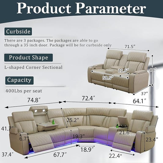 Power Recliner Sectional Sofa Set, Beige Leather Sectional Couch and Loveseat for Living Room, L Shape Reclining Sofa with Cup Holder, Hidden Storage, Drop-Down Table for House(8 Seat)
