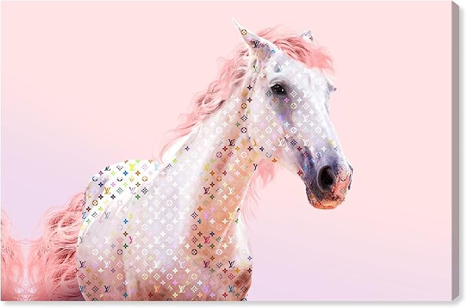 Country Farmhouse Canvas Print Painting Animal Wall Art 'Pink Glam Horse' Unframed Gallery Wrapped Canvas Rustic Home Décor 54x36 in Pink, White by Oliver Gal