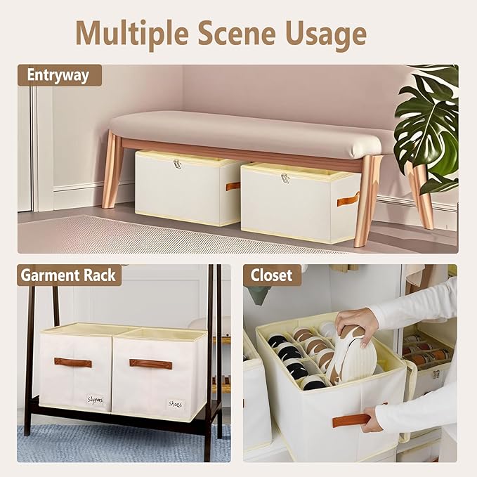 2 Pack Shoe Storage Box Organizer for Closet - 24 Cell Space Saver Shoes Containers Bin with Clear Lids Stackable, Can Fit Ottoman, Foldable Shoe Rack Cabinet Cubby for Wardrobe