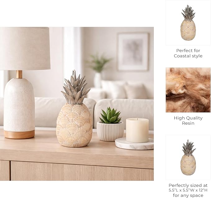 Sagebrook Home Unique 12" Seashell Pineapple Decorative Object, Polyresin Multi-Color Accent Piece for Home Elegance and Coastal Charm