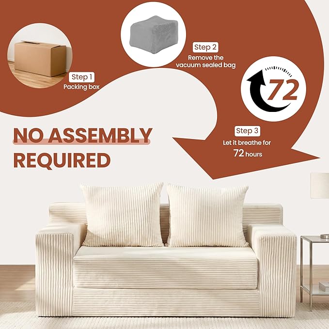 Convertible 5 in 1 Futon Sofa Bed Full Size, Corduroy Boneless Couch Sleeper Sofa with 4 Pillows, Foldable Pull Out Loveseat Floor Mattress for Living Room, Apartment, Small Space & Dorm