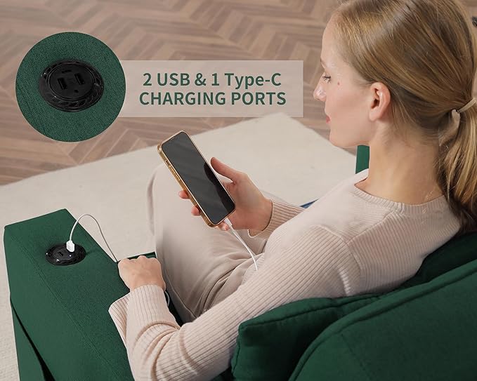 DURASPACE Pull Out Sofa Bed 3-in-1 Convertible Sofa Sleeper Chair Bed with USB, Cup Holder, Adjustable Armchair Beds for Small Spaces, Apartment, Living Room, Office (Green Linen)