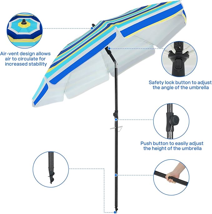Duerer Beach Umbrellas, 8.5FT Beach Umbrella for Sand with Anchor Heavy Duty Windproof, Height Adjustable Tilt Iron Pole, Portable Beach Umbrella with Carrying Bag for Beach, Patio Garden Outdoor
