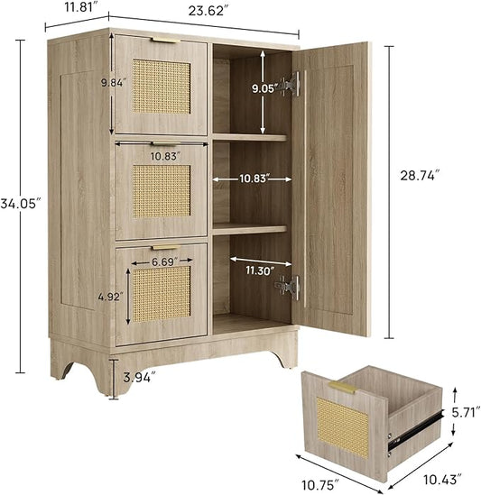 ALBAD Boho Sideboard Buffet Cabinet with 3 Storage Drawer Rattan Door and Adjustable Storage Shelves Rustic Farmhouse Coffee Bar for Dining Room, Kitchen, Natural Wood