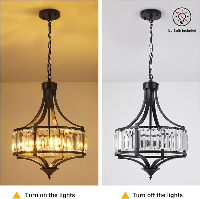 16" Modern Black Crystal Chandelier, 4-Light Farmhouse Dining Room Light Fixtures Over Table Hanging, Antique Round Pendant Lights Kitchen Island Entryway Bedroom Office Stairwell Hallway