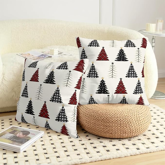 Buffalo Plaid Christmas Tree Pillow Covers 24x24 Set of 2 Red Black and White Xmas Decorative Outdoor Throw Pillow Cases Seasonal Farmhouse Cushion Case Winter Holiday Decor for Sofa Couch