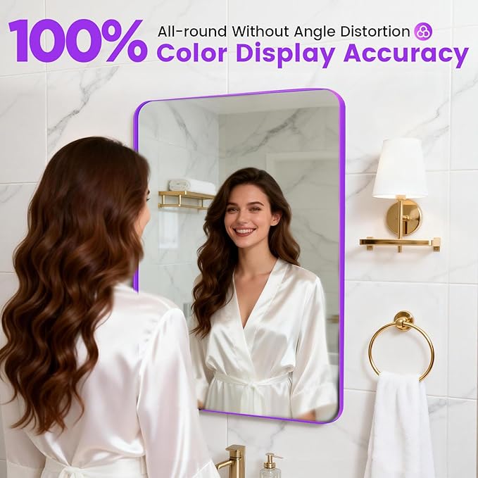 18" x 24" Purple Bathroom Mirror Wall Mounted, Matte Aluminum Alloy Frame with Rounded Corners, Shatterproof Tempered Glass, Anti-Rust HD Vanity Mirror for Bathroom, Bedroom, Entryway