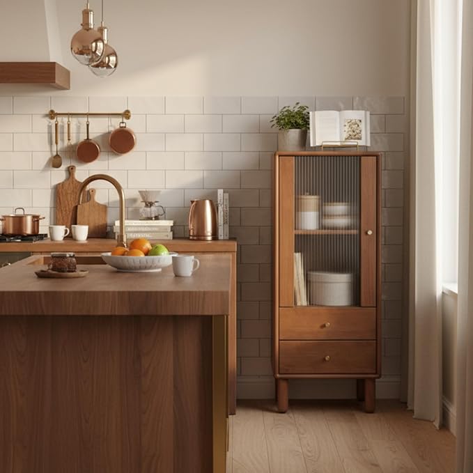 100% Solid Wood Storage Cabinet with Glass Doors and Drawers, Buffet Cabinet with Drawers, for Living Room, Reading Room, Kitchen (14" D x 15" W x 37" H)