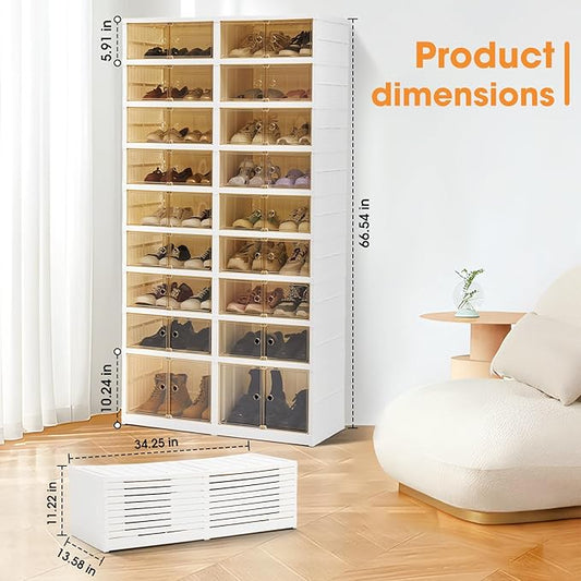 LAFORMO Folding Shoe Rack Storage Device,Large Plastic Folding Shoe Cabinet, Easy to Assemble Shoe Rack Storage Cabinet with Transparent Door Magnetic Buckle(9Tiers,36Pairs)
