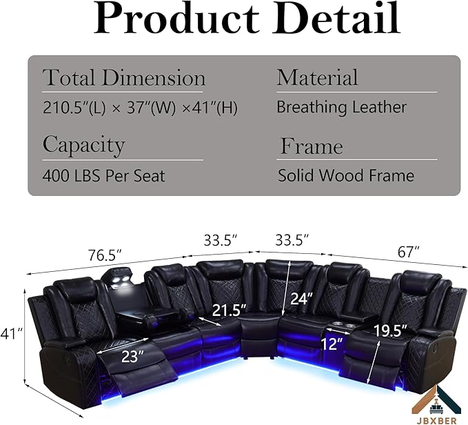 Power Recliner Sectional Sofa Set for Living Room, Leather Recliner Sofa Sets, L-Shaped Corner Sectional Couch Sets with LED Lights, Console Storage(Sectional,Black)