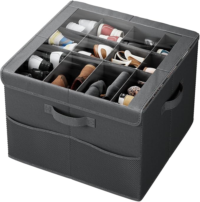 PHINOX Shoe Organizer for Closet, Fits 12-24 Pairs, Shoe Storage Bins with Clear Cover and Reinforced Handles, Foldable Shoe Storage Organizer, Space Saving Shoe Holder for Wardrobe, 1 Pack Black