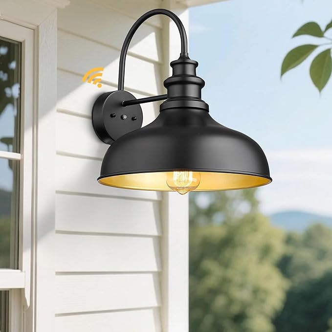 Bestshared Dusk to Dawn Sensor Farmhouse Barn Light, Anti-Rust Outdoor Wall Sconce, Outdoor Wall Lantern for Porch,Exterior Light Fixtures for Patio,Garage (Black+Gold, 1 Pack)