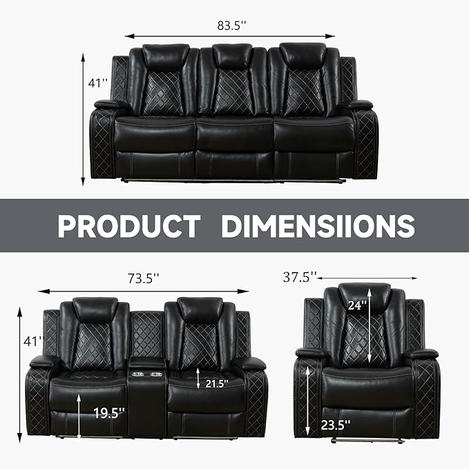 Power Recliner Sofa Set, Air Leather Reclining Couch with LED, 3 Pieces Reclining Living Room Furniture, Black Leather Sofa and Loveseat Chair for House/Apartment/Office