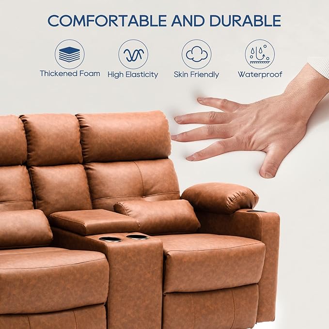 68'' RV Power Reclining Loveseat with Heat and Massage| RV Loveseat Recliner Sofa with Console| Double Reclining Couch with Cup Holder | Loveseat ReclinerTheater Seating(PU, Brown)