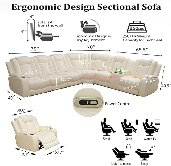Power Reclining Sectional Sofa Set with LED, Living Room Furniture Sets, Leather Recliner Couch for Living Room/Home Theater, Sectional Couch and Chair with 3 Recliners, USB Port/Hide-Away Storage