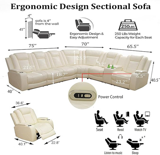 Power Reclining Sectional Sofa Set with LED, Living Room Furniture Sets, Leather Recliner Couch for Living Room/Home Theater, Sectional Couch and Chair with 3 Recliners, USB Port/Hide-Away Storage